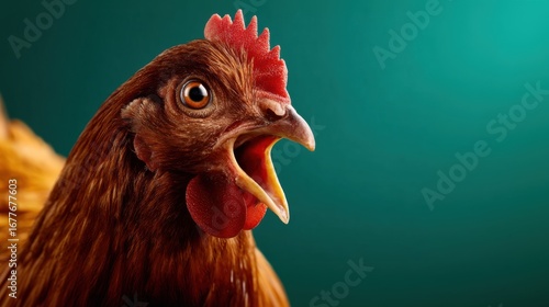 Close-up of a surprised chicken with open beak, set against a vibrant turquoise background, ideal for humor and novelty concepts.