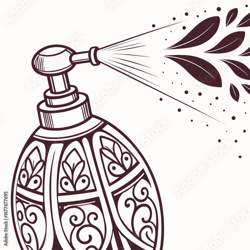 Close up of a perfume sprayer releasing a fine mist showcasing elegant design and a delicate spray effect suitable for beauty and fragrance advertising