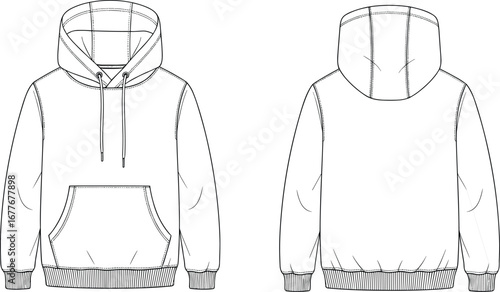 Men’s pullover hoodie technical flat with front kangaroo pocket, drawstring hood, ribbed cuffs and hem, front and back views, fashion sketch