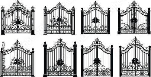 Ornate wrought iron gate silhouettes with elegant scrollwork, decorative columns, intricate floral motifs, classic estate gate designs, vintage metal fencing, ornamental garden gates.