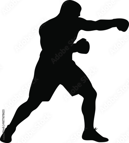 Dynamic black silhouette of a boxer in a fierce fighting stance ready to strike with power and precision silhouette