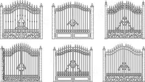 Set of Ornate Metal Gates with Decorative Scrollwork and Spiked Tops – Elegant Wrought Iron Gate Designs for Garden and Estate Entrances