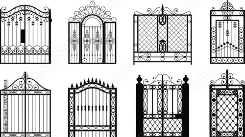 Set of vintage wrought iron gates with intricate scroll designs, decorative patterns, classic ornamental features, and sturdy frames for elegant garden and estate entrances