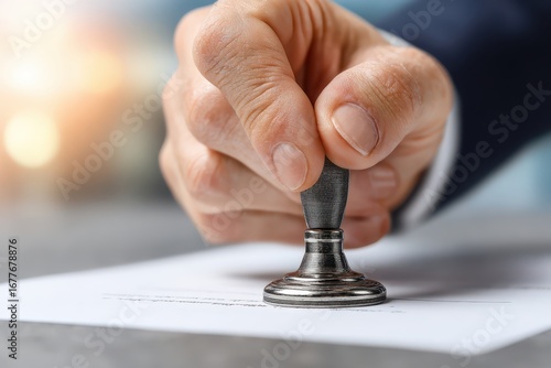 Close-up of a hand holding a metal stamp and pressing it onto a document, conveying authority and validity, ensuring legal compliance and accuracy.