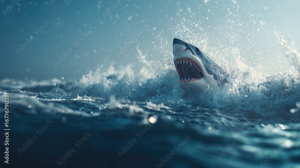 Fototapeta premium Dangerous shark jumps out of the troubled ocean, photo banner to warn about the danger of sharks