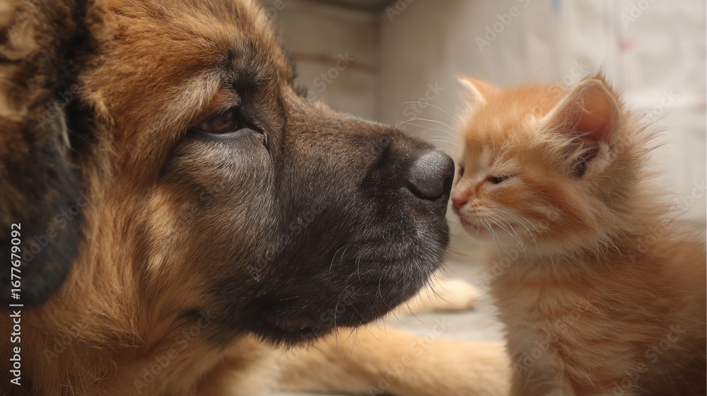 Fototapeta premium A large brown dog gently nudges a small orange kitten with its nose, creating a heartwarming interaction in a bright indoor space filled with soft light and warmth.