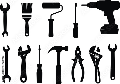 Vector collection of black silhouette hand tools including wrench, paintbrush, roller, screwdriver, drill, hammer, pliers, adjustable wrench, isolated on white background