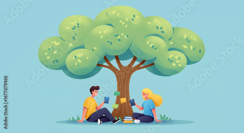 Boy Reading Book Under Tree Illustration Symbolizing Literacy Growth
