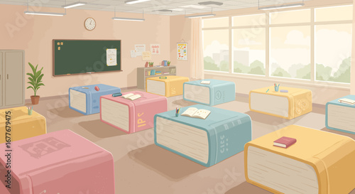 Classroom with Desks and Blackboard Illustration for Literacy Day Theme
