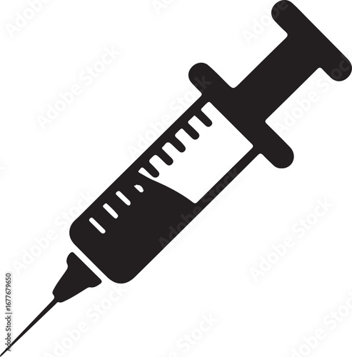 Simple black silhouette of a syringe. A clean, easily editable graphic of a syringe.