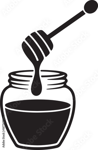 Simple black and white honey jar with dipper graphic. A vector graphic of a honey jar and dipper in a simple, clean black and white design.