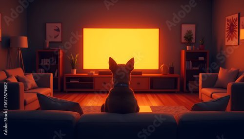 Dog watching TV in cozy living room with warm glow, relaxation