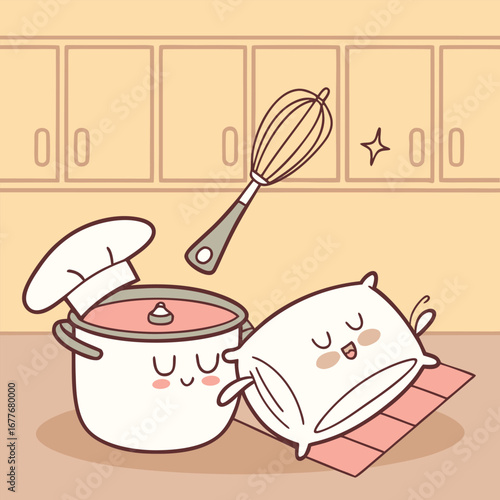 Charming anthropomorphic kitchen utensils a blushing spoon and a sleeping pot rendered in a vibrant vector design with a playful cute aesthetic