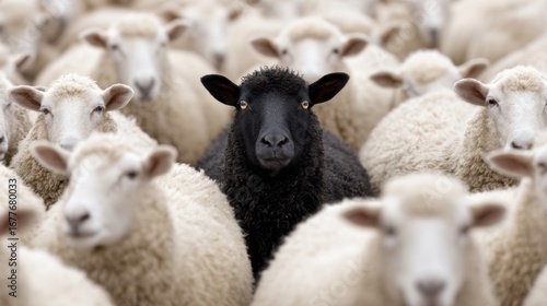 A black sheep looks directly at the viewer, surrounded by white sheep in a lush green pasture. The sun casts a warm glow, bringing focus to the unique sheep's distinct appearance within the flock.