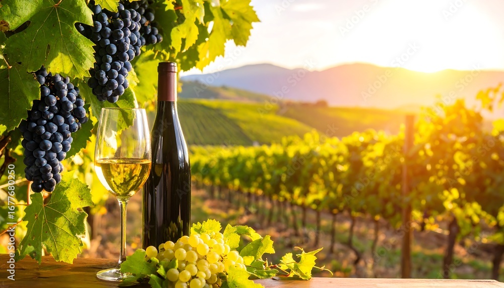 Fototapeta premium A glass of crisp white wine sits beside a bottle, amidst lush vineyards bathed in golden sunlight, evoking a serene and inviting atmosphere.
