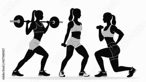 Silhouette Fitness A Trio of Women Exercising with Weights Performing Squats and Lunges, A Visual Display of Determination and Strength