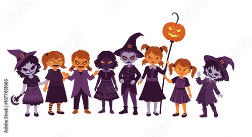 Halloween-themed kids and characters dressed as witches and monsters  