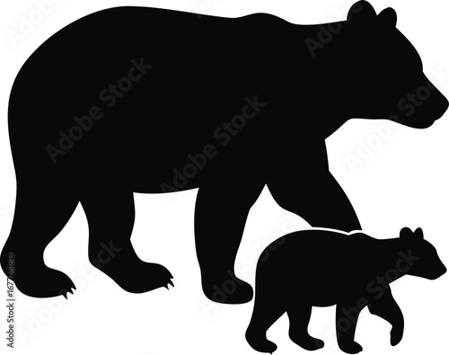 Silhouette of a mother bear walking with her cub side by side in a declarative style silhouette