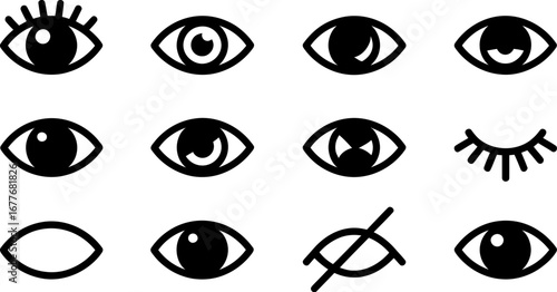 Diverse collection of eye icons representing vision, perception, and insight