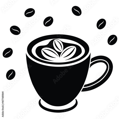 cappuccino cup with latte art and beans