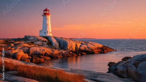 The lighthouse at Peggy's Cove stands tall on rugged rocks, illuminated by the warm hues of sunset while the calm ocean reflects the vibrant colors of the sky.
