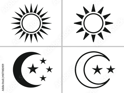 Four black icons of sun, moon and stars on white background symbol
