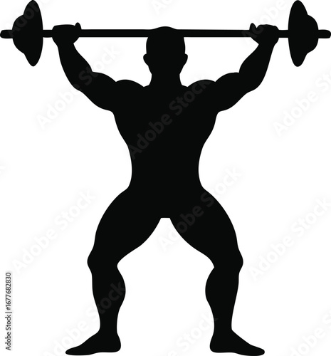 Muscular athlete silhouette lifting weights overhead demonstrating strength power and athleticism in gym or sports context silhouette