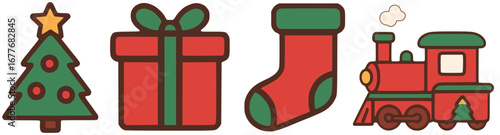 Xmas Graphic Set: Christmas Tree, Wrapped Present, Stocking and Holiday Theme Train