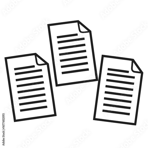Three document pages with text and curled corners conveying information management and paperwork organization for business or educational purposes depicted in monochrome