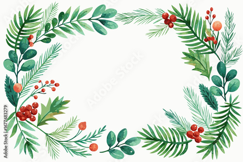 A floral Christmas wreath vector illustration with holly and winter leaves border design