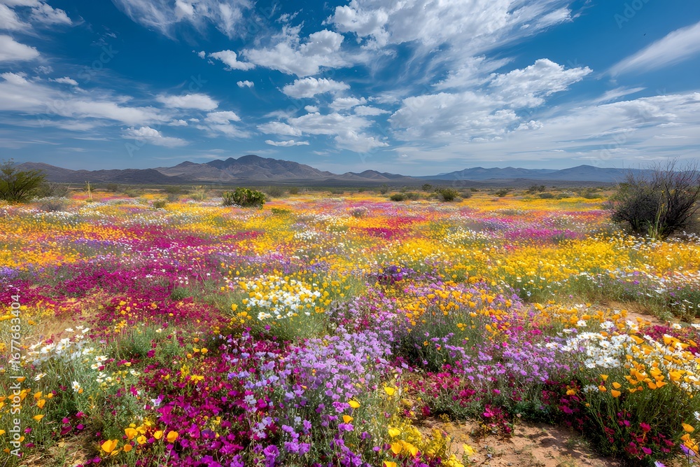 Obraz premium Ephemeral Bloom - Wildflowers Emerge After Desert Rainfall