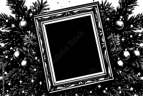 Blank ornate black and white antique frame with a golden vintage border for an empty retro picture design