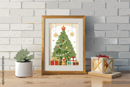 Festive holiday home interior with a decorated Christmas tree by the fireplace and gifts
