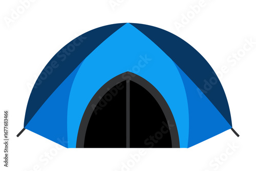 A vector illustration of an open blue camping tent provides shelter from the summer sky