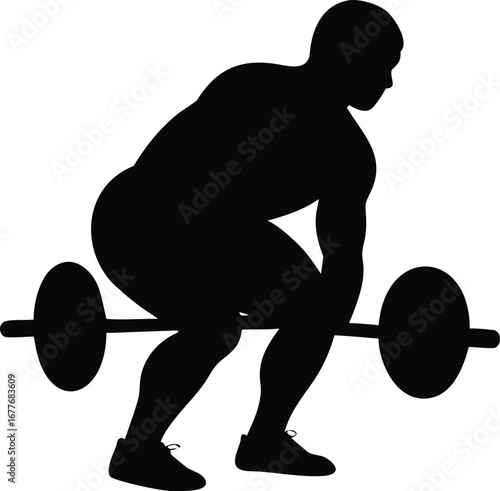 Dynamic silhouette of athlete performing a powerful sumo deadlift with weightlifting barbell for strength training silhouette