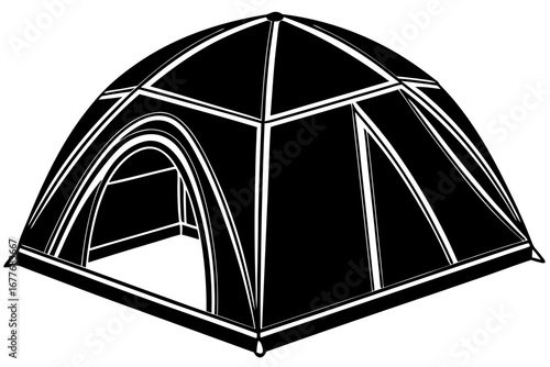 A camping tent is shown isolated on a solid background and also pitched in nature at night under the starry sky