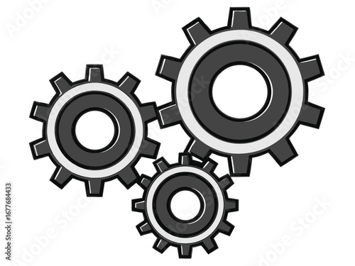 Three interlocking gears in grey and white on a transparent background cogwheels mechanical
