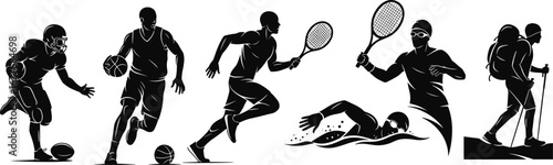 American football, basketball, running, tennis, swimming, hiking, sports silhouettes, athletes, fitness, recreation, outdoor activities, exercise, competition, teamwork, adventure