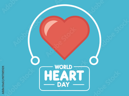 World Heart Day red heart icon with white text on blue background love health