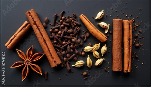 Fototapeta Naklejka Na Ścianę i Meble -  Flat lay showcasing star anise, cinnamon, cloves, and cardamom on a dark, textured surface. Aromatic spice display., ultra detailed, 8k resolution, HDR, professional