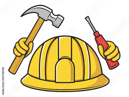 Yellow Hard Hat with Hammer and Screwdriver Held by Yellow Gloved Hands construction safety