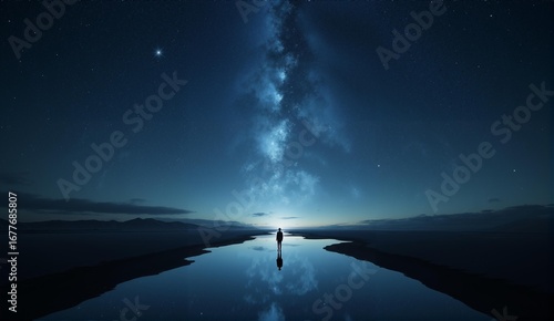 Surreal mirrored landscape with a reflective ground, inverted starry sky, and a solitary figure at the boundary. Dreamlike and vast., ultra detailed, 8k resolution, HDR, professional