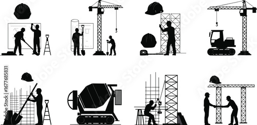 Construction workers, teamwork, blueprint planning, crane operation, scaffolding, cement mixer, rebar structure, site safety, heavy equipment, industrial building, 