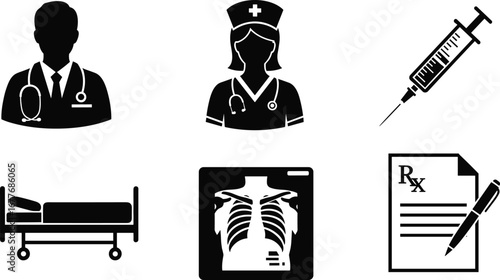 Doctor, nurse, syringe, hospital bed, X‑ray, prescription, healthcare, medical, treatment, diagnosis, patient care, clinic, medicine, health, staff, injection, recovery, therapy, equipment, symbols