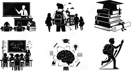 Education icons, classroom, teacher, students, school building, graduation cap, diploma, brain, learning, knowledge, academic success, study, growth, achievement, progress