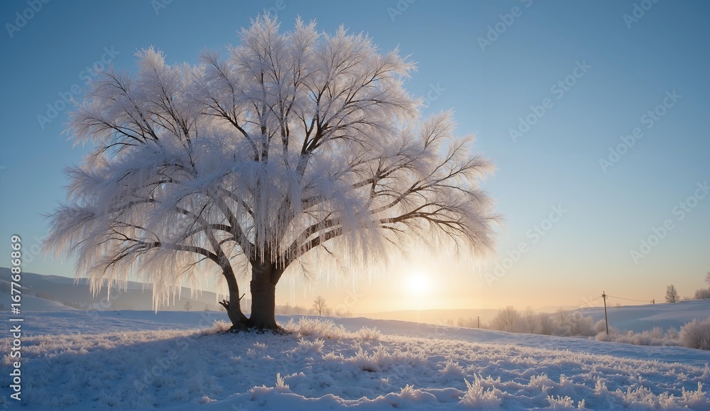 Αυτοκόλλητο A solitary tree covered in sparkling ice catches the sunrise after a harsh freeze – a breathtaking winter scene