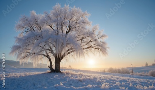 Φωτογραφία A solitary tree covered in sparkling ice catches the sunrise after a harsh freeze – a breathtaking winter scene