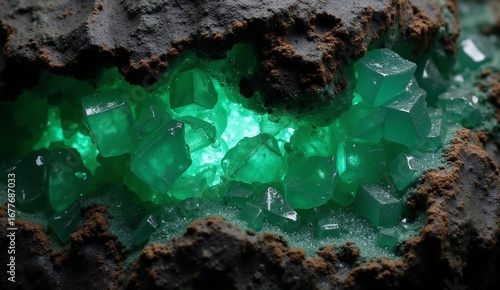 Detailed texture of an emerald vein within dark schist. Translucent, fractured crystals glow subtly with light. Ideal for surfaces., ultra detailed, 8k resolution, HDR, professional