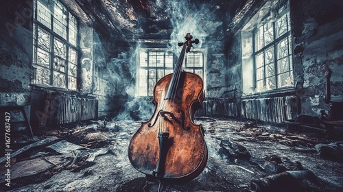 A striking image of a vintage cello positioned in an abandoned room filled with smoke, evoking a sense of nostalgia and mystery amidst a decaying background and soft natural light.