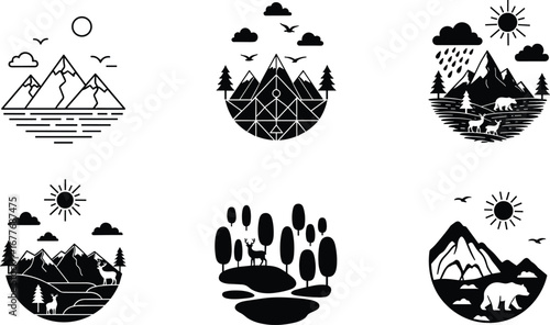 Mountain landscape, forest, wildlife, deer, bear, sun, river, trees, nature scene, outdoor, adventure, hiking, camping, wilderness, scenic view